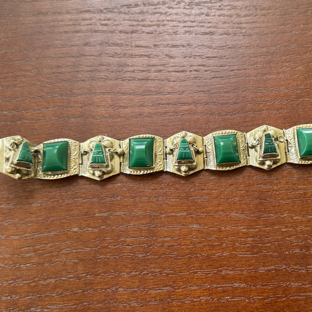 Vintage Hecho Mexican Green Onyx Sterling Silver Panel Bracelet